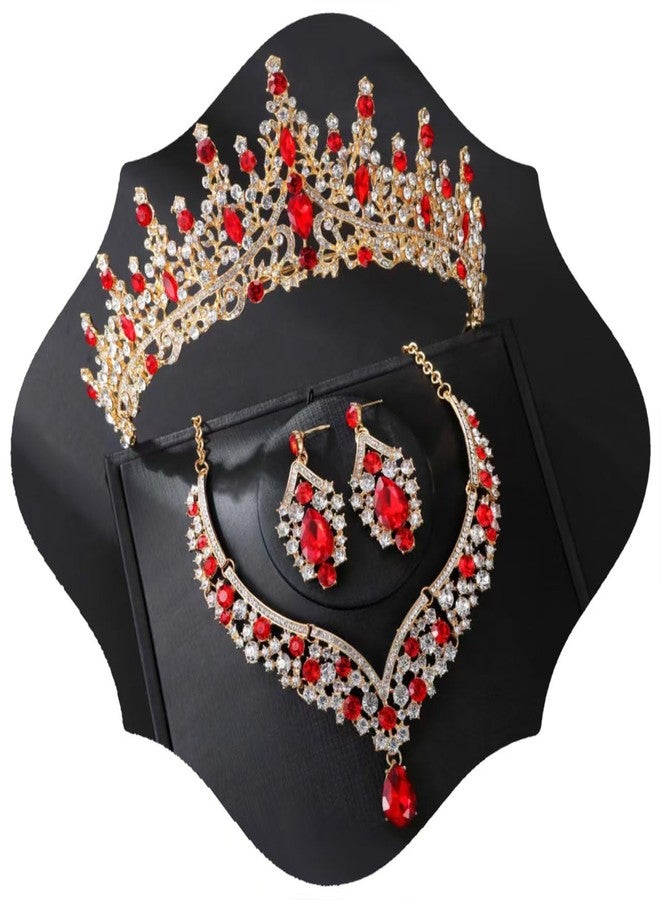 Geurlev Tiaras and Crowns for Women,Tiaras Earrings Necklace, Crystal Bridal Jewelry Set, (GoldRed) - Image 1